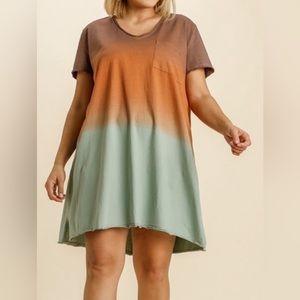 Umgee Green Orange Brown Ombre Comfy Pullover V Neck T Shirt Dress Size Large